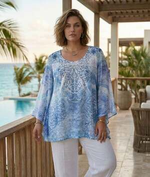 World Unity Woman 1X Blue Paisley Embellished 3/4 Sleeve Tunic Top